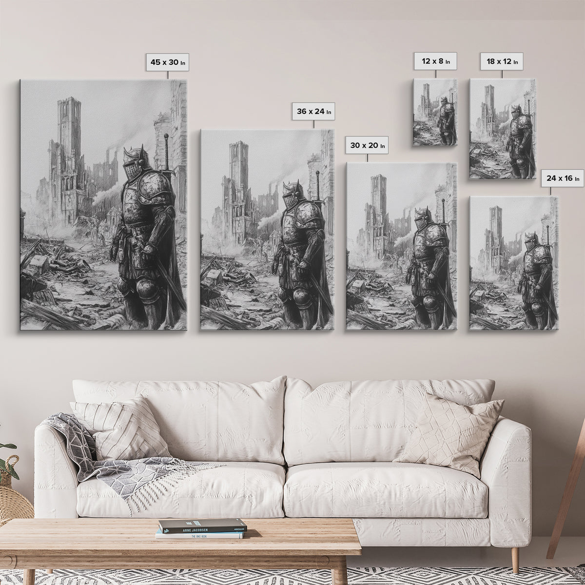 Black And White Armored Knight In Ruined Gothic City Wall Art, Dark Fantasy Medieval Warrior Print For Office Decor