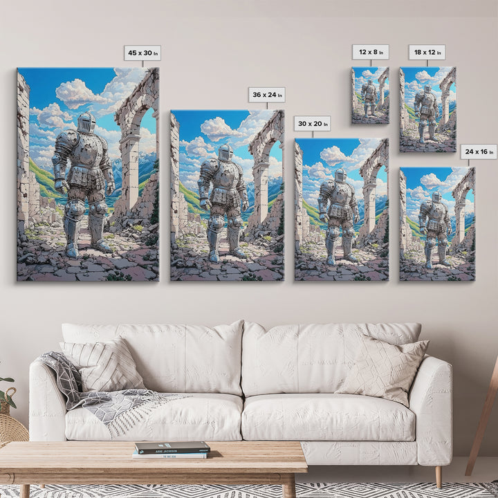 Polished Silver Knight In Alpine Ruins Canvas Print, Fantasy Warrior Mountain Landscape Art For Game Room Decor Gift For Him
