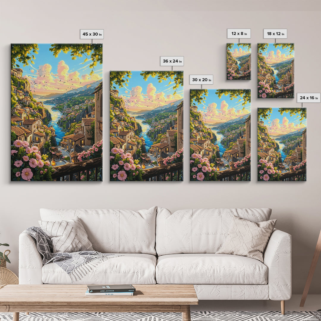Sunlit Italian Cliff Village With River And Flowers Framed Canvas Print, Mediterranean Landscape Wall Decor Gift For Her