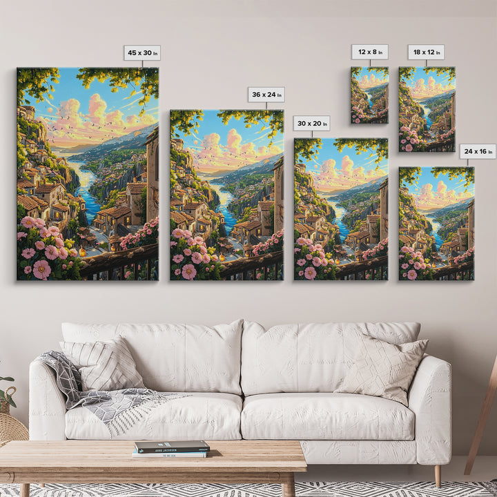Sunlit Italian Cliff Village With River And Flowers Framed Canvas Print, Mediterranean Landscape Wall Decor Gift For Her