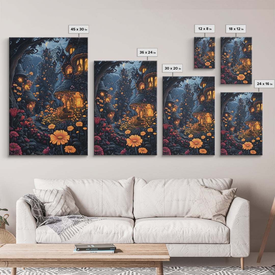 Dark Enchanted Forest Village With Glowing Flower Windows Wall Art, Gothic Fairy Tale Fantasy Canvas Print For Moody Decor