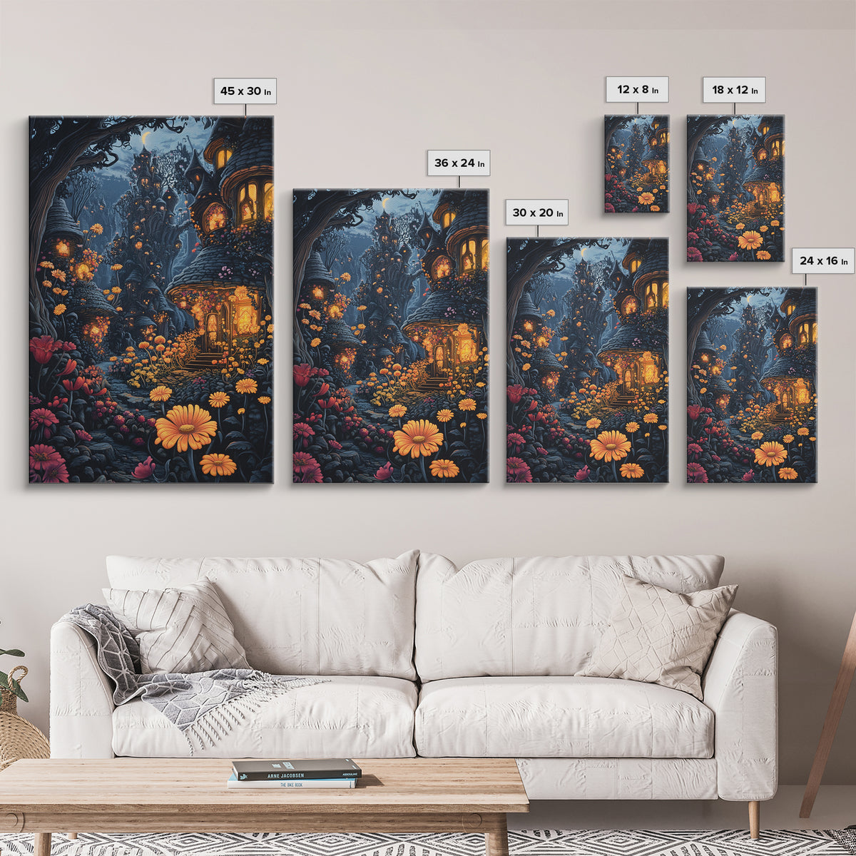 Dark Enchanted Forest Village With Glowing Flower Windows Wall Art, Gothic Fairy Tale Fantasy Canvas Print For Moody Decor