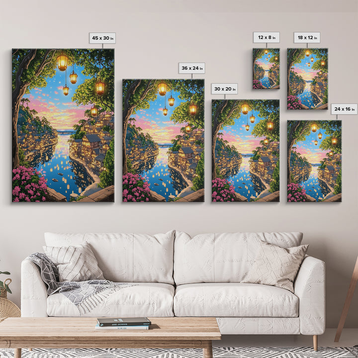 Lantern Lit Sunset Harbor Village Wall Art, Romantic Coastal Landscape Canvas Print For Living Room Decor And Housewarming Gift