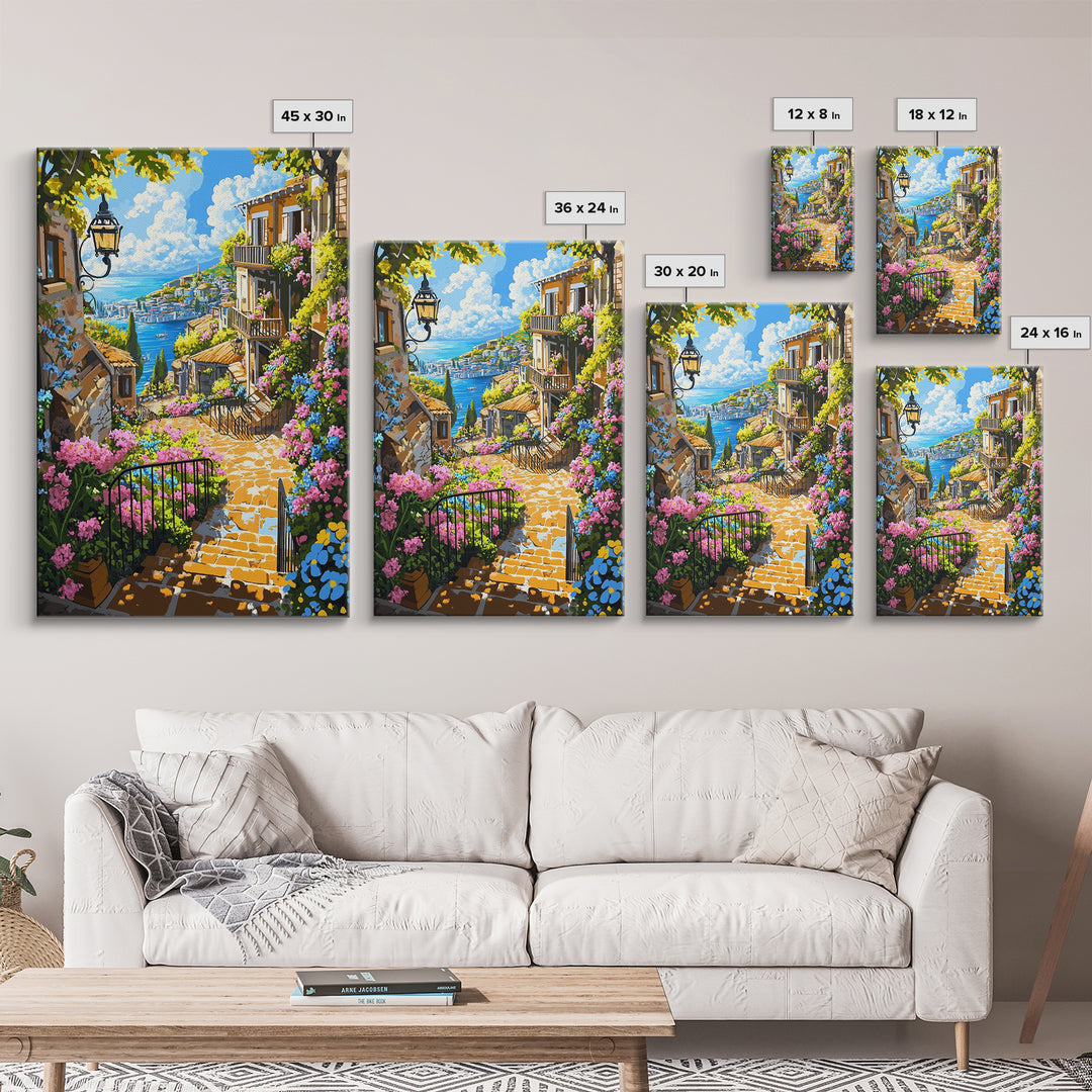 Mediterranean Coastal Stairway With Bougainvillea Canvas Print, Travel Poster Wall Art, Colorful Living Room Decor Housewarming Gift