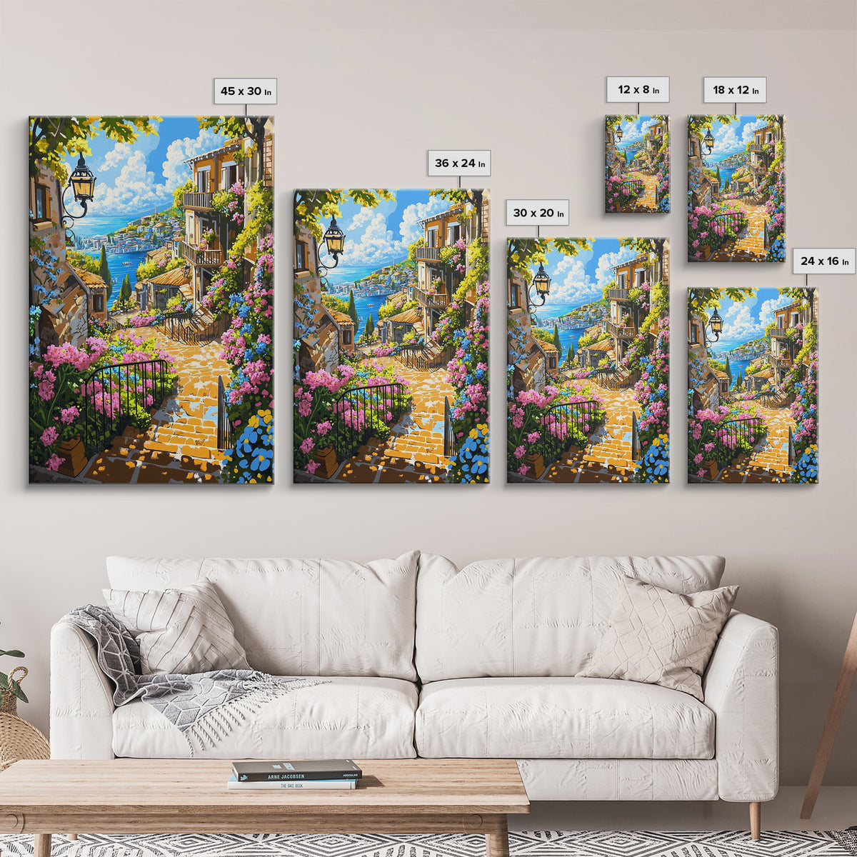 Mediterranean Coastal Stairway With Bougainvillea Canvas Print, Travel Poster Wall Art, Colorful Living Room Decor Housewarming Gift