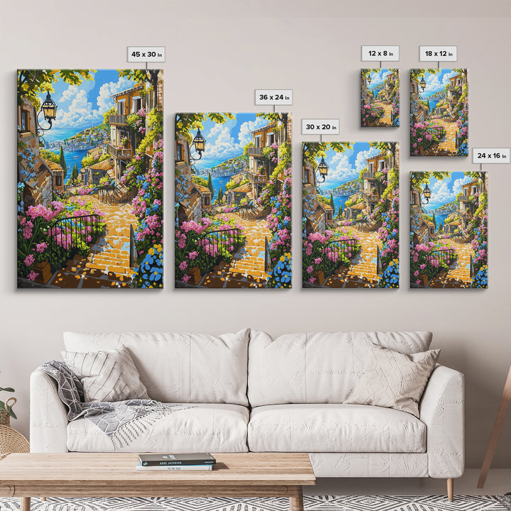 Mediterranean Coastal Stairway With Bougainvillea Canvas Print, Travel Poster Wall Art, Colorful Living Room Decor Housewarming Gift