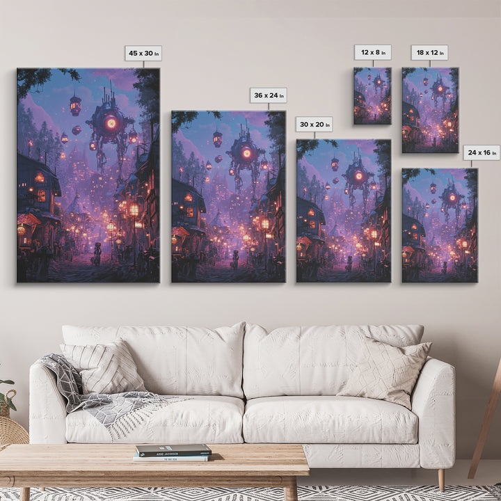 Purple Cyberpunk Village With Floating Machines Canvas Print, Sci Fi Wall Art, Futuristic Gaming Room Decor Gift For Him