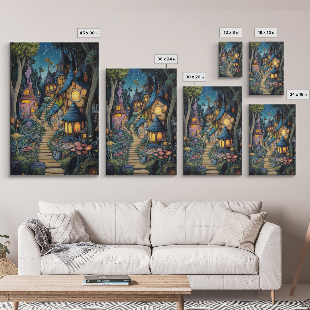 Whimsical Mushroom Fairy Village At Starlit Night Canvas Print, Fairy Tale Wall Art, Nursery Decor Housewarming Gift For Her