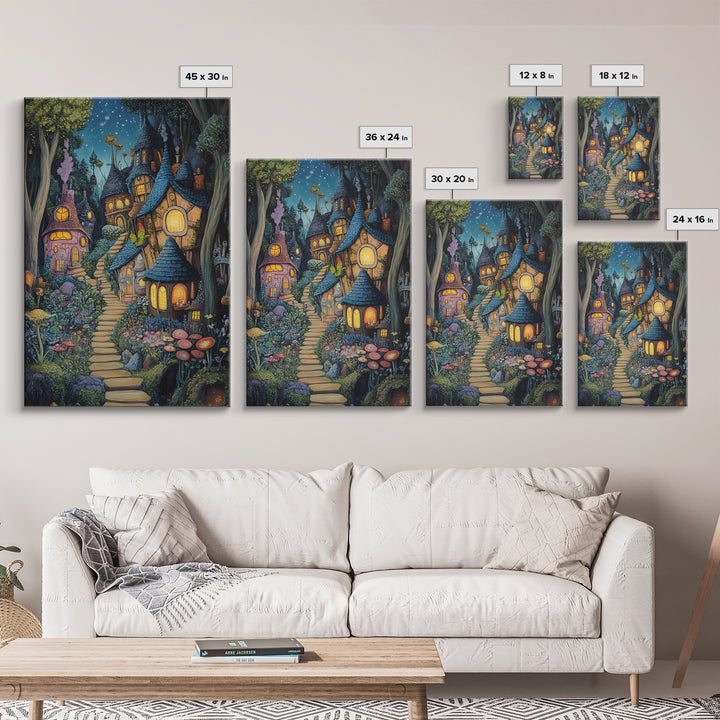 Whimsical Mushroom Fairy Village At Starlit Night Canvas Print, Fairy Tale Wall Art, Nursery Decor Housewarming Gift For Her