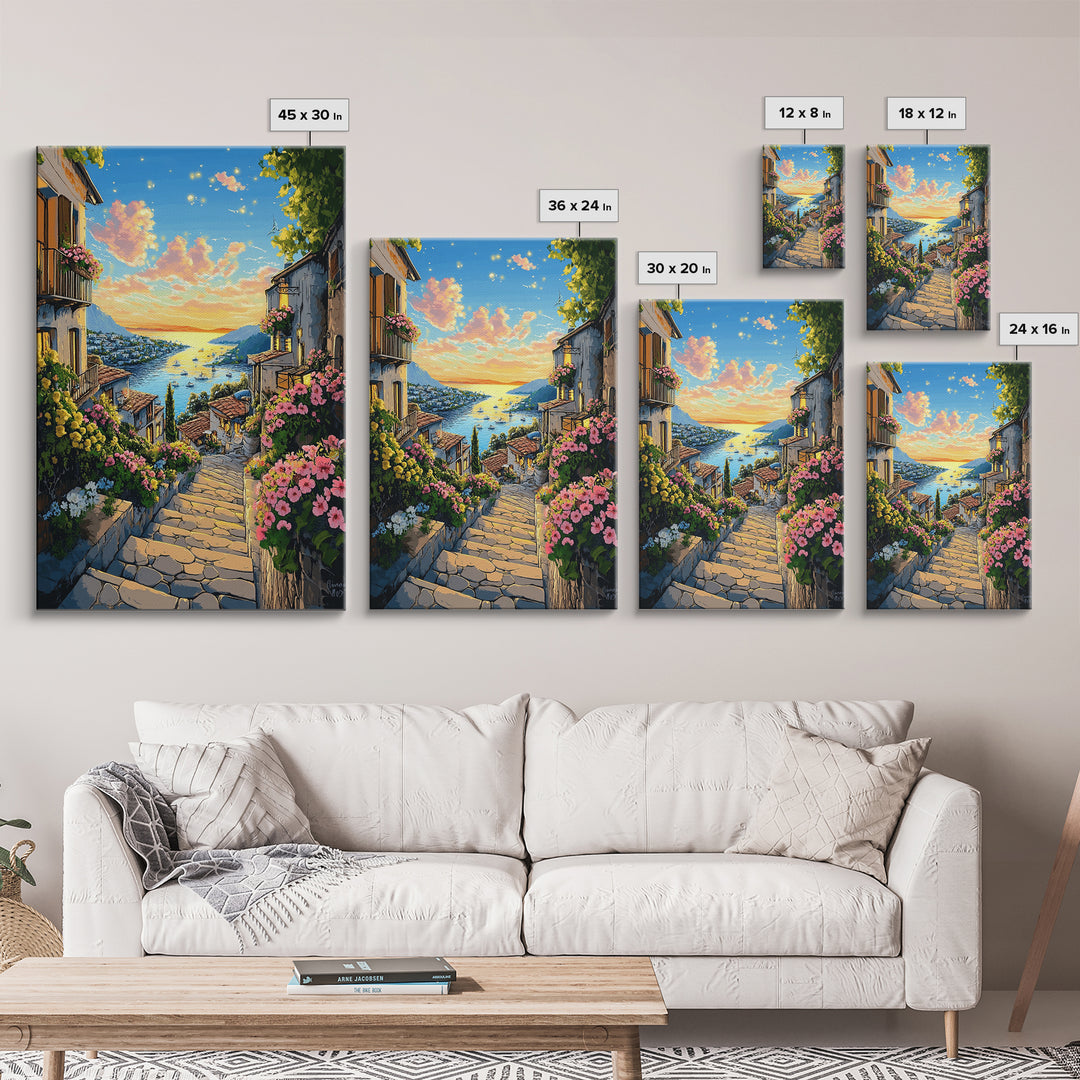 Sunlit Mediterranean Village Stairway Canvas Print, Coastal Wall Art, Italy Decor, Summer Travel Poster, Living Room Decor