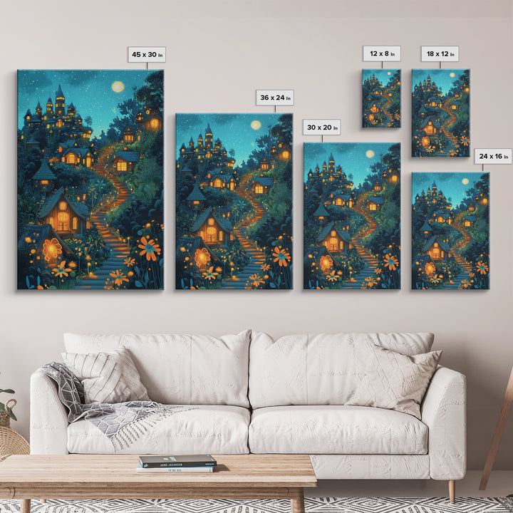 Moonlit Enchanted Village Wall Art, Whimsical Fairy Tale Castle, Fantasy Art Print, Nursery Decor, Cozy Bedroom Wall Decor