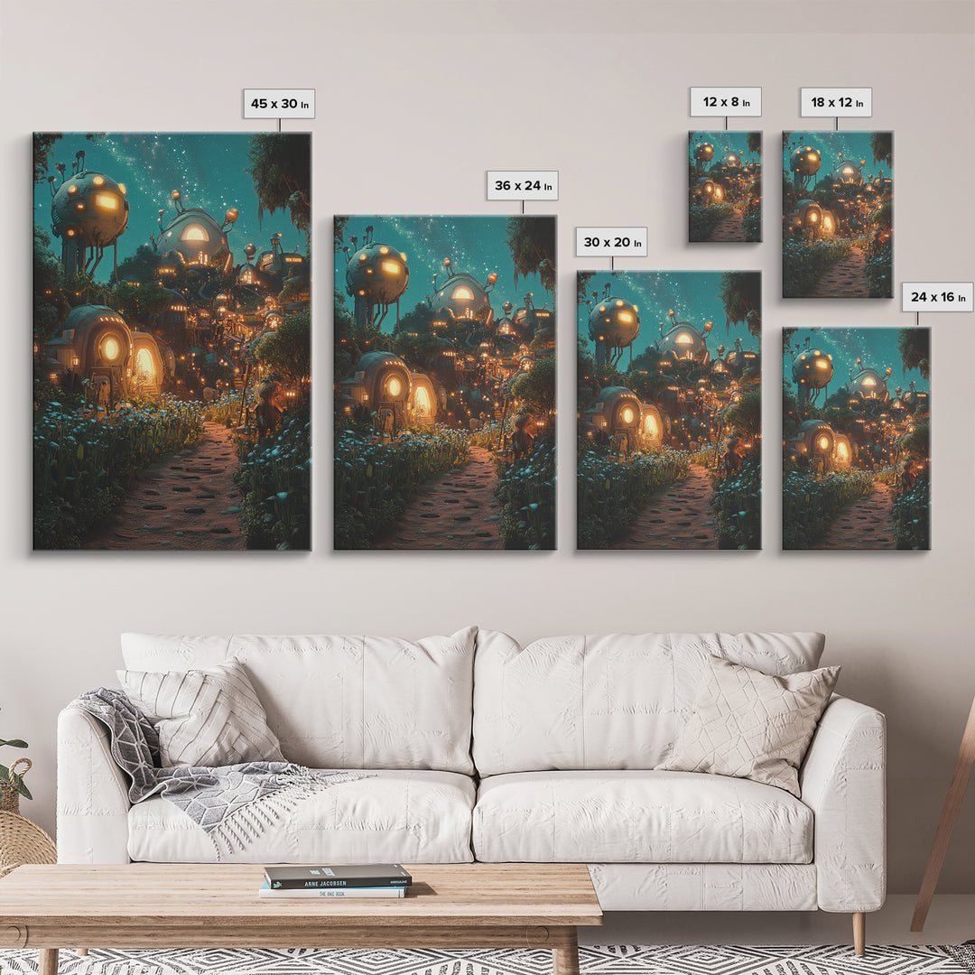 Glowing Futuristic Forest Village Canvas Print, Sci Fi Wall Art, Cyberpunk Decor, Unique Fantasy Landscape, Gaming Room Decor