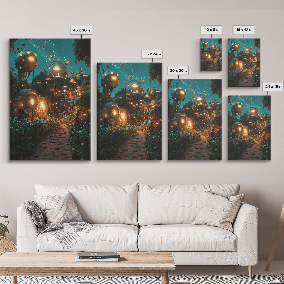 Glowing Futuristic Forest Village Canvas Print, Sci Fi Wall Art, Cyberpunk Decor, Unique Fantasy Landscape, Gaming Room Decor
