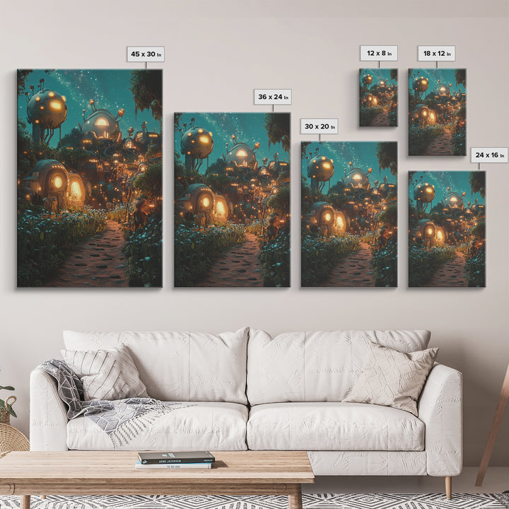 Glowing Futuristic Forest Village Canvas Print, Sci Fi Wall Art, Cyberpunk Decor, Unique Fantasy Landscape, Gaming Room Decor