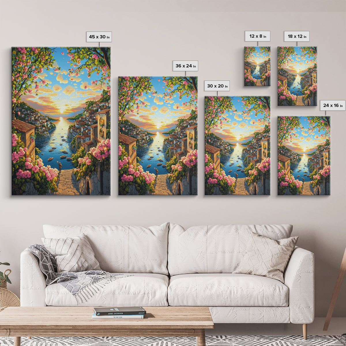 Golden Coastal Canal Village Framed Canvas Print, Mediterranean Wall Art, Italy Travel Poster, Summer Decor, Housewarming Gift