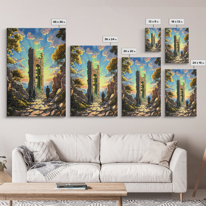 Sunset Ruined Stone Tower Canvas Print, Fantasy Landscape Wall Art, Coastal Castle Poster, Adventure Decor, Living Room Art