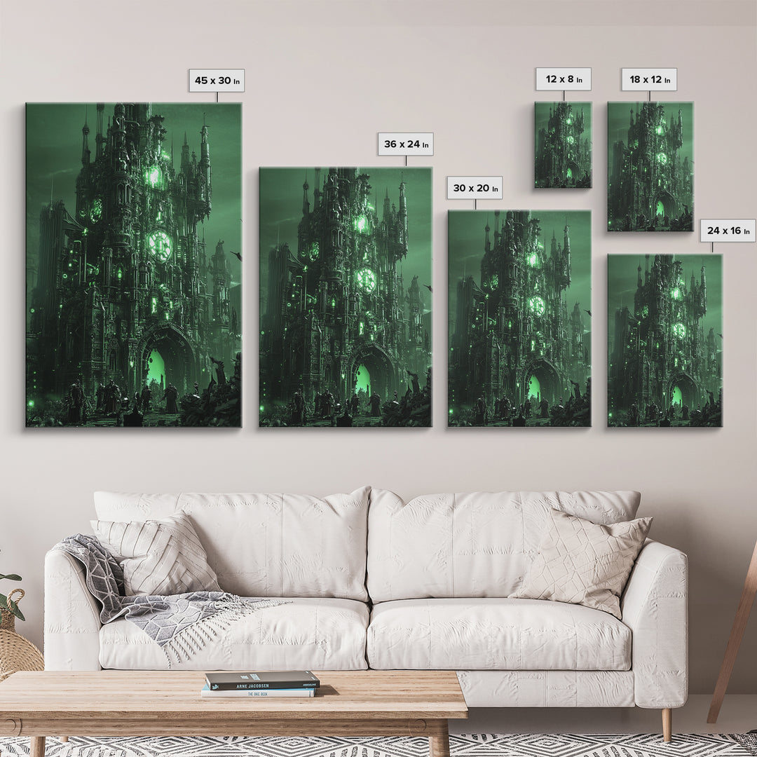 Emerald Gothic Citadel Framed Canvas Print, Dark Fantasy Wall Art, Green Castle Decor, Moody Office Art, Gothic Home Decor