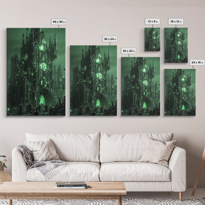 Emerald Gothic Citadel Framed Canvas Print, Dark Fantasy Wall Art, Green Castle Decor, Moody Office Art, Gothic Home Decor