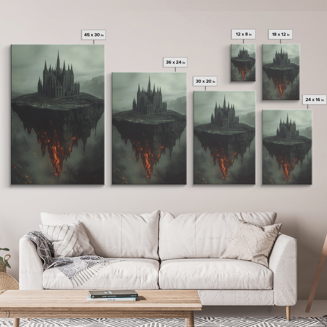 Floating Gothic Cathedral Wall Art, Dark Fantasy Canvas Print, Surreal Castle Decor, Moody Statement Artwork, Office Decor