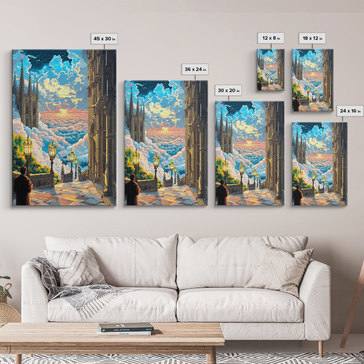 Celestial Cloud City Stairway Framed Canvas Print, Fantasy Wall Art, Sky Castle Decor, Dreamy Landscape, Bedroom Wall Decor