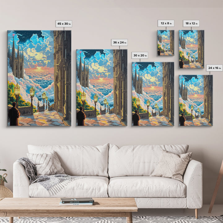 Celestial Cloud City Stairway Framed Canvas Print, Fantasy Wall Art, Sky Castle Decor, Dreamy Landscape, Bedroom Wall Decor