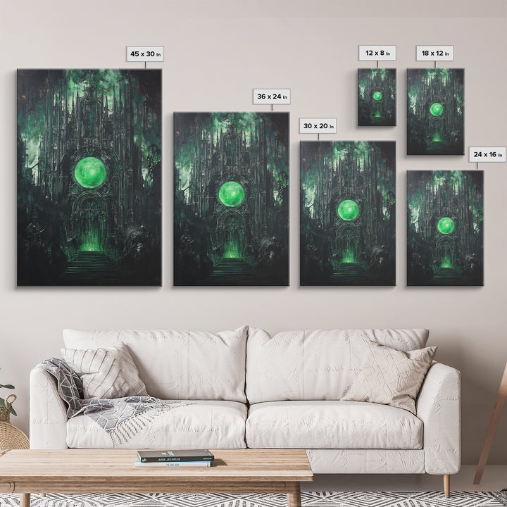 Emerald Orb Gothic Sanctuary Canvas Print, Dark Fantasy Wall Art, Occult Castle Decor, Moody Green Architecture Poster Print