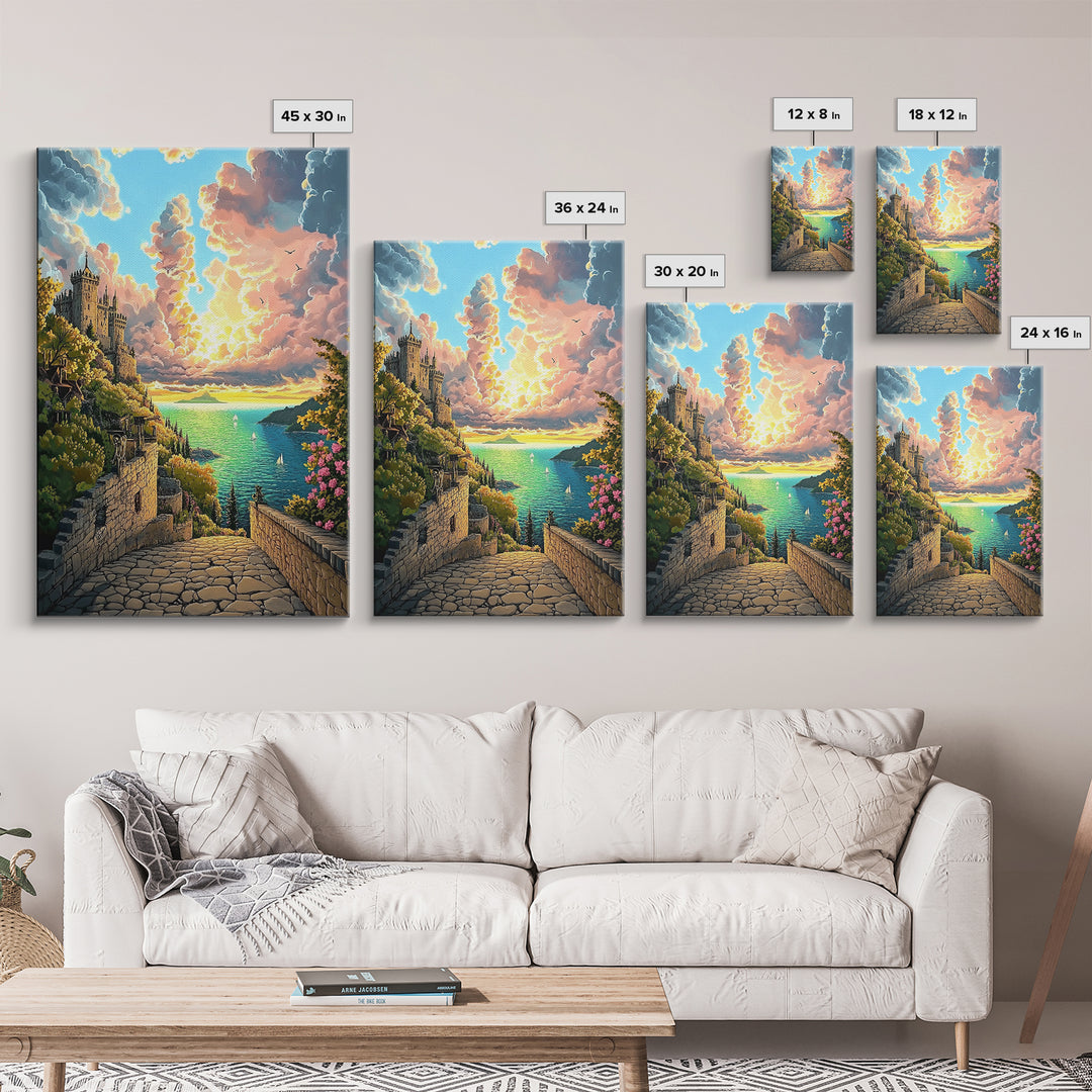 Sunset Castle Coast Path Wall Art, Mediterranean Seascape Canvas Print, Colorful Coastal Decor, Fantasy Landscape Art Print