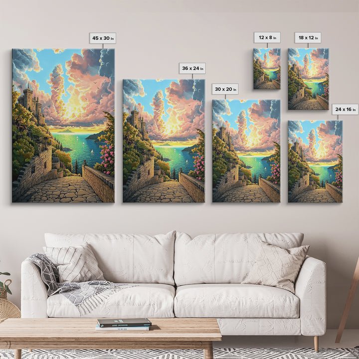 Sunset Castle Coast Path Wall Art, Mediterranean Seascape Canvas Print, Colorful Coastal Decor, Fantasy Landscape Art Print