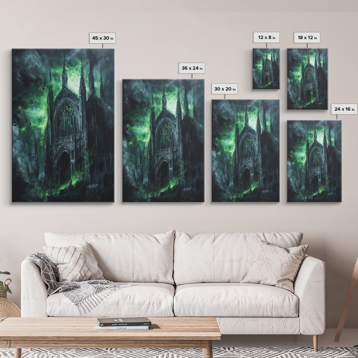 Misty Gothic Church In Green Fog Framed Canvas Print, Dark Academia Wall Art, Haunted Chapel Decor, Fantasy Architecture