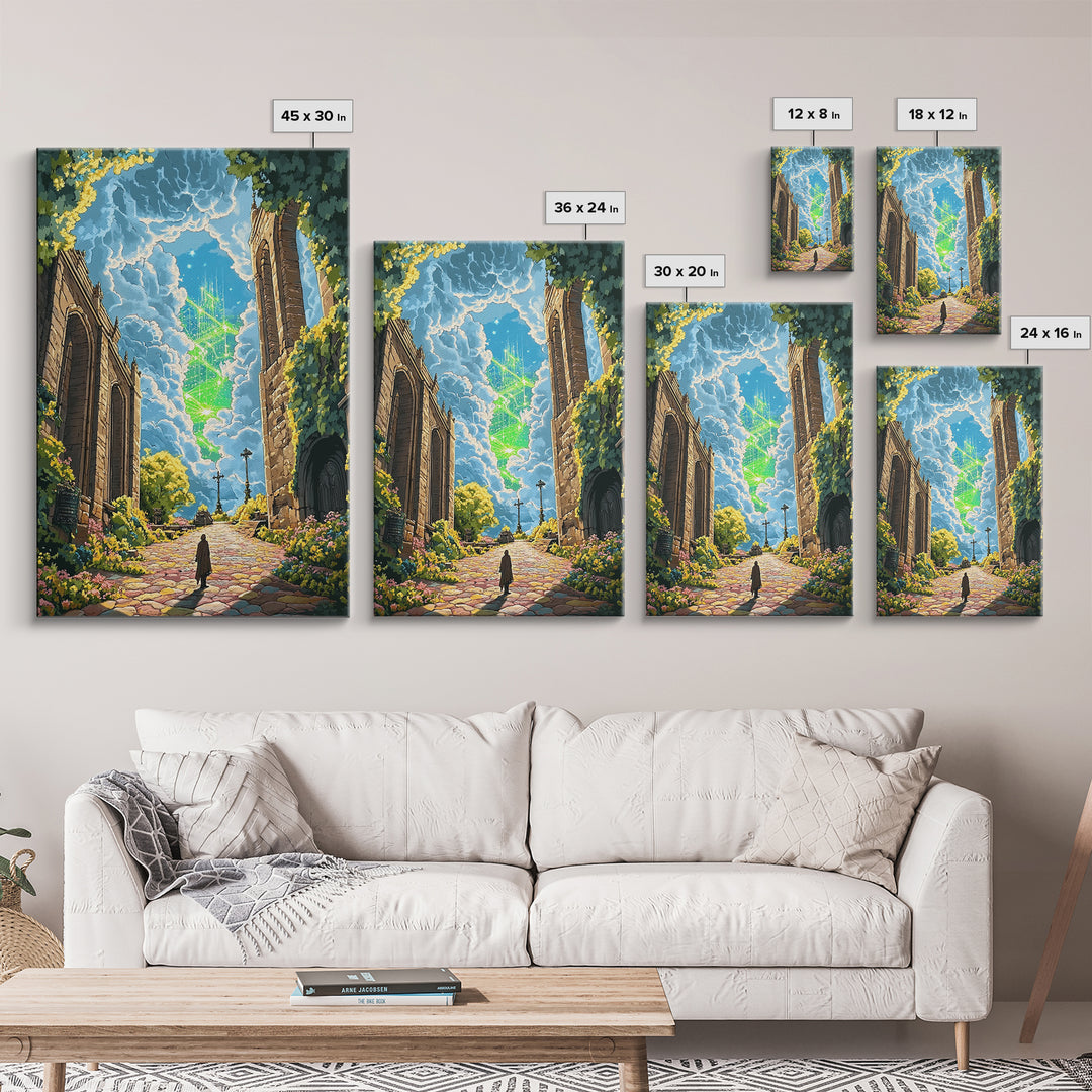 Glowing Crystal Towers Above Ruins Wall Art, Fantasy City Canvas Print, Whimsical Garden Decor, Magical Architecture Poster