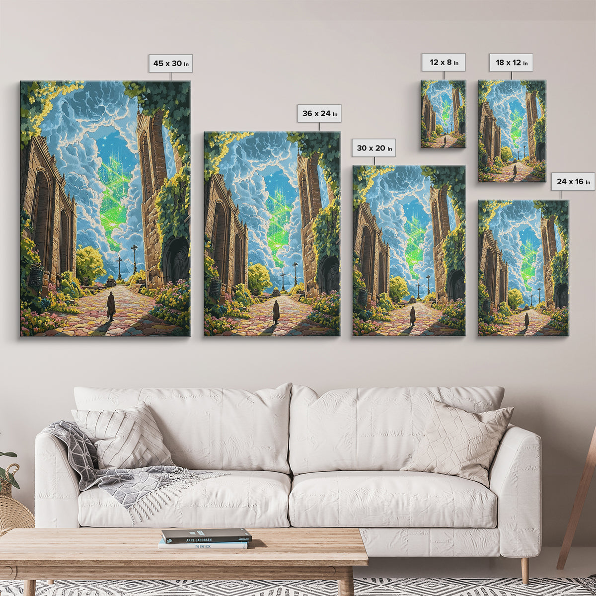 Glowing Crystal Towers Above Ruins Wall Art, Fantasy City Canvas Print, Whimsical Garden Decor, Magical Architecture Poster
