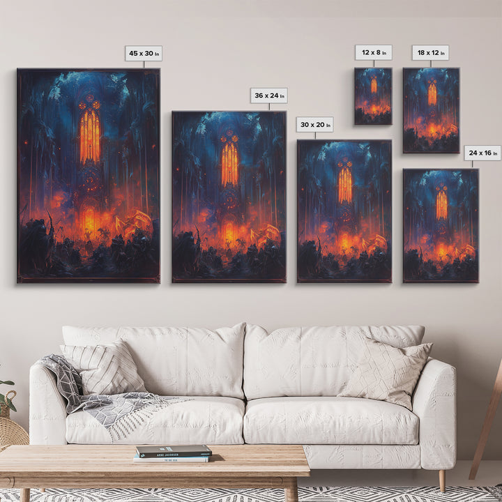 Fiery Gothic Cathedral Battle Canvas Print, Dark Fantasy Wall Art, Medieval Warrior Decor, Dramatic Red And Blue Poster Print