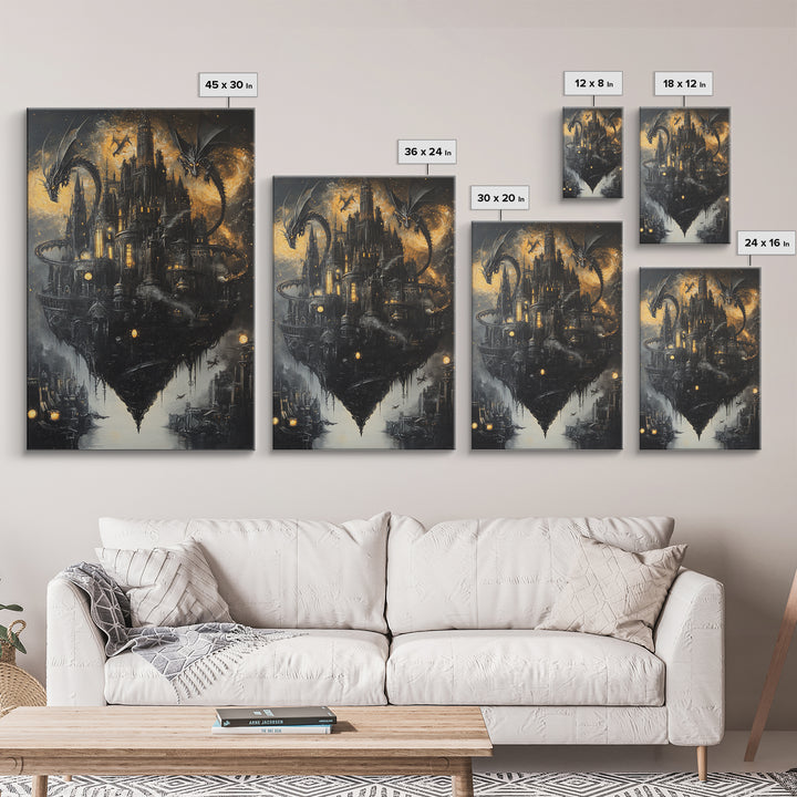 Floating Gothic Dragon Castle Wall Art, Dark Fantasy Canvas Decor, Moody Medieval Citadel Print, Gothic Home Decor Gift