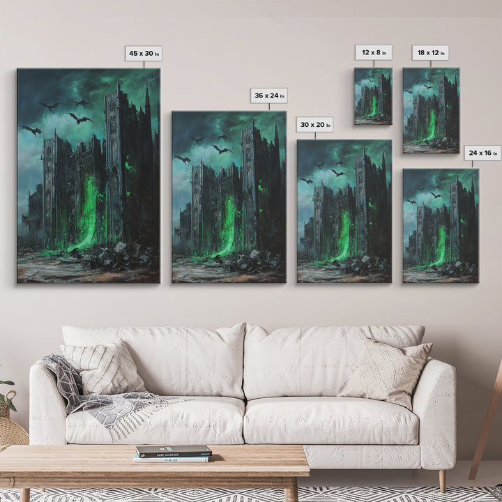 Green Portal Gothic Cathedral Wall Art, Dark Fantasy Ruins Print, Dragon Raven Decor, Moody Gothic Home Decor Gift For Him