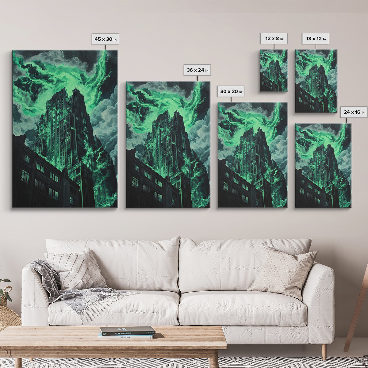 Emerald Storm Skyscraper Wall Art, Dark Urban Fantasy Print, Gothic City Lightning Decor, Moody Office Wall Decor, Home Decor Gift