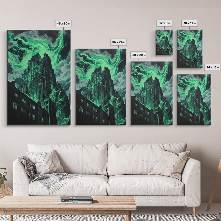 Emerald Storm Skyscraper Wall Art, Dark Urban Fantasy Print, Gothic City Lightning Decor, Moody Office Wall Decor, Home Decor Gift