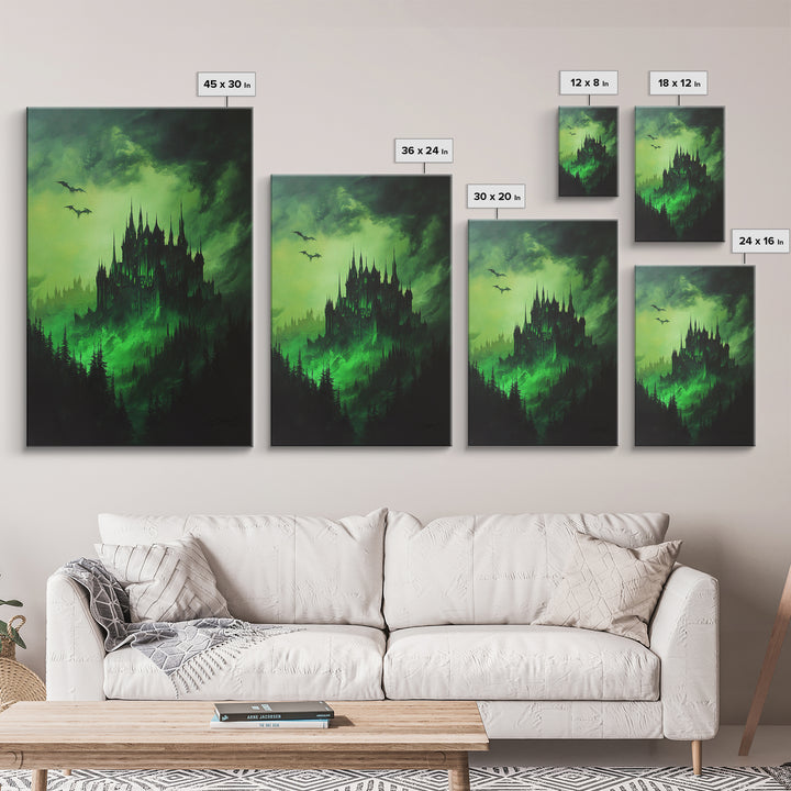 Haunted Green Forest Castle Wall Art, Dark Fantasy Gothic Print, Moody Spooky Decor, Witchy Home Decor, Gothic Wall Decor Gift