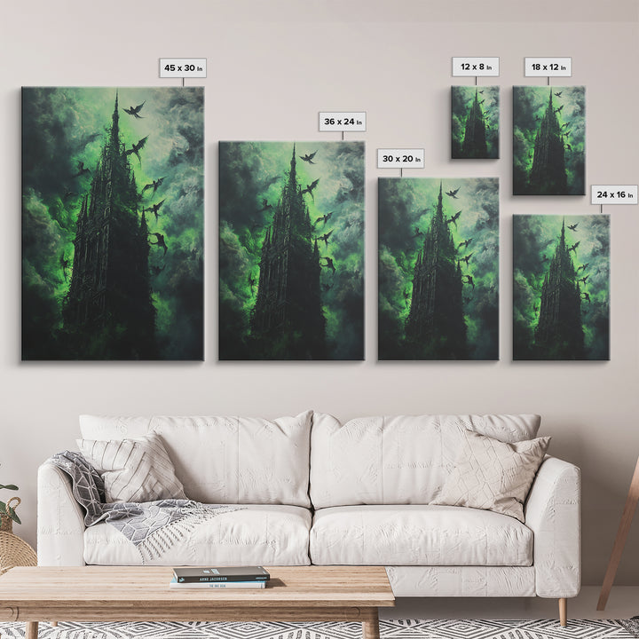 Shadowed Gothic Tower Wall Art, Green Storm Dragon Print, Dark Fantasy Castle Decor, Moody Gothic Home Decor Gift For Him