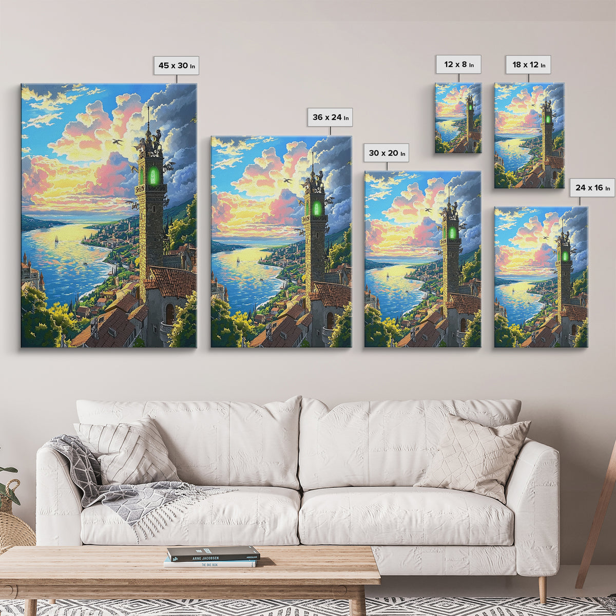 Glowing Coastal Tower At Sunset Canvas Print, Fantasy Seascape Wall Art, Mediterranean Landscape, Living Room Decor, Housewarming Gift