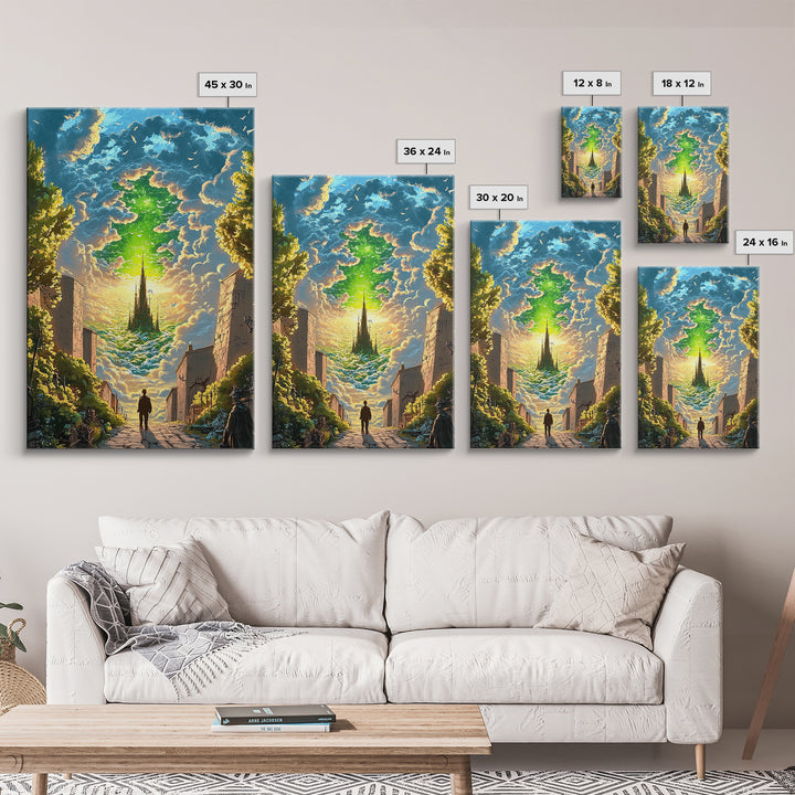 Emerald Sky Castle Above City Street Canvas Print, Surreal Fantasy Wall Art, Mystical Cloudscape, Home Office Decor, Unique Gift