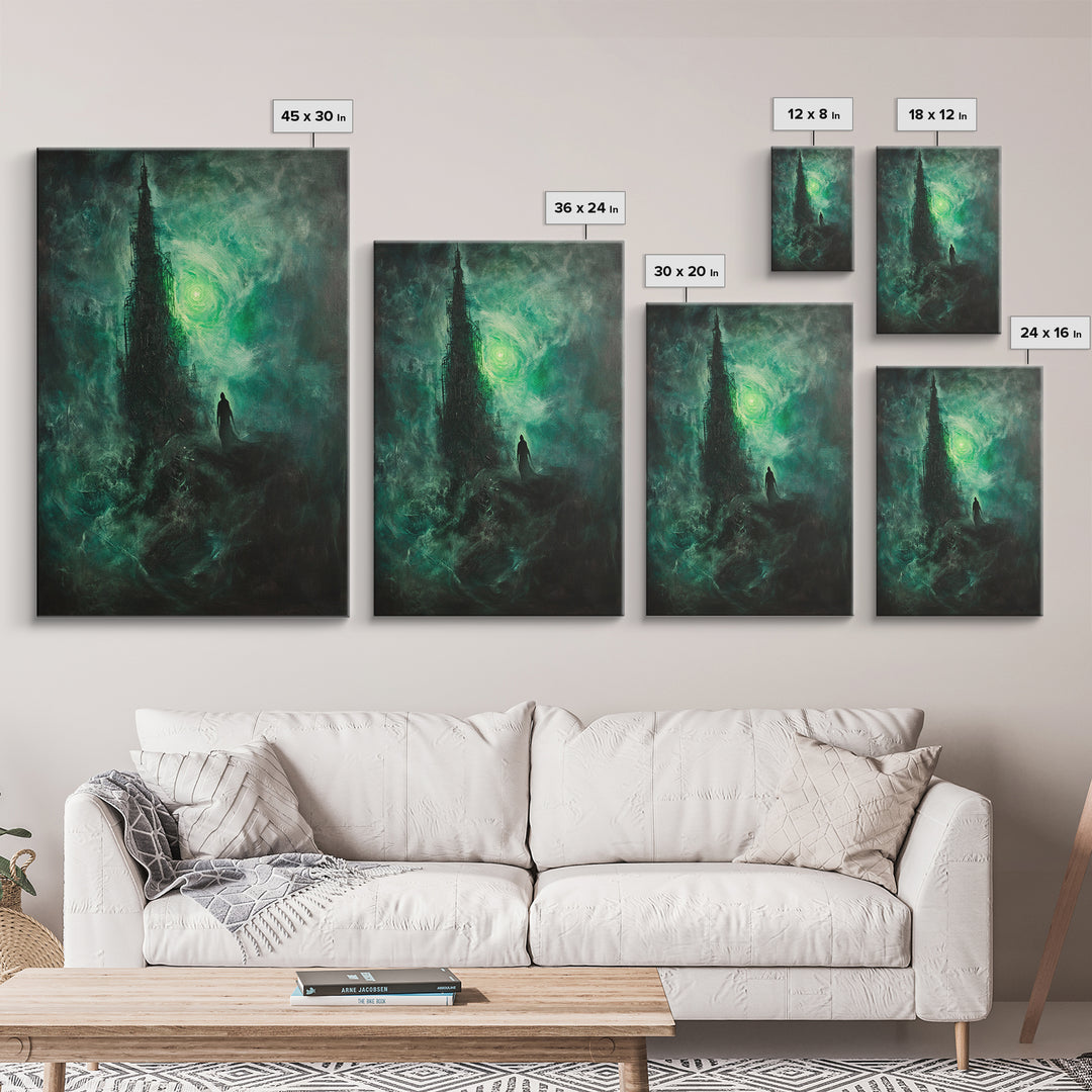 Dark Emerald Spire And Lone Wanderer Wall Art, Gothic Fantasy Canvas Print, Moody Surreal Landscape, Dark Academia Decor