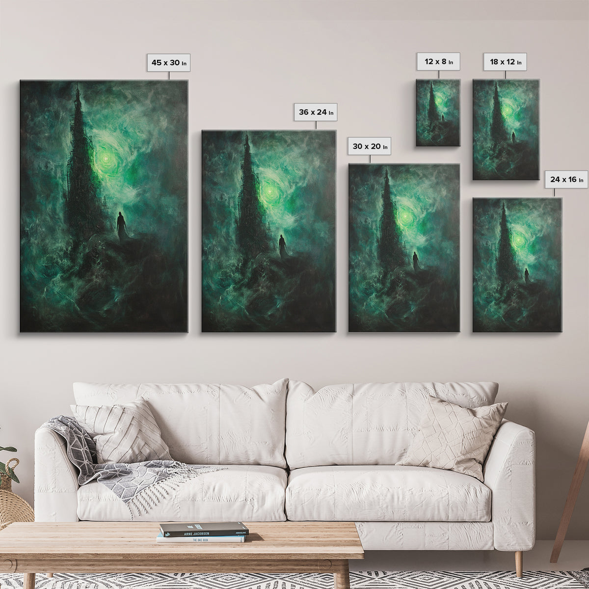 Dark Emerald Spire And Lone Wanderer Wall Art, Gothic Fantasy Canvas Print, Moody Surreal Landscape, Dark Academia Decor