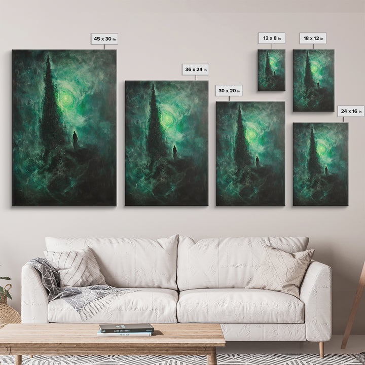 Dark Emerald Spire And Lone Wanderer Wall Art, Gothic Fantasy Canvas Print, Moody Surreal Landscape, Dark Academia Decor