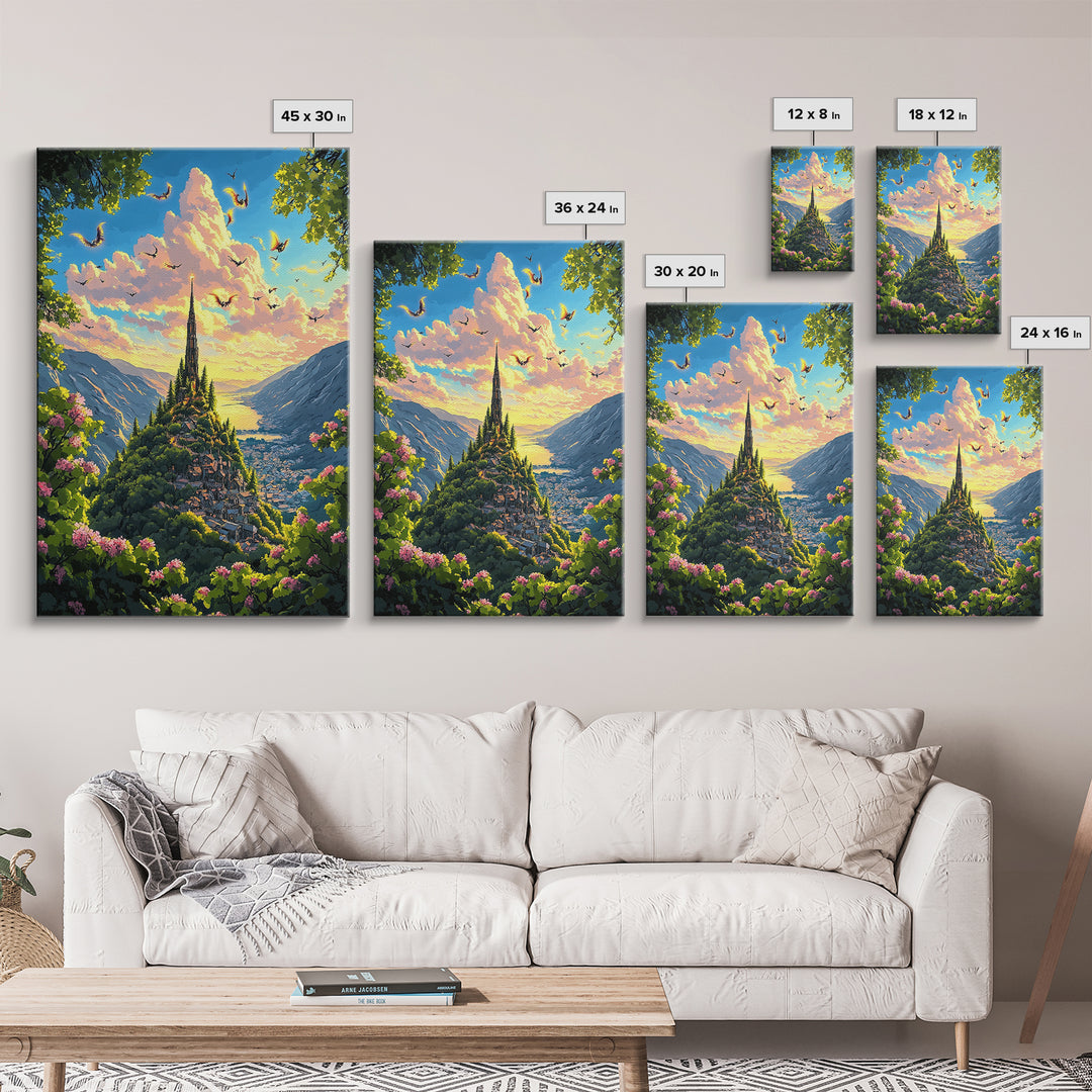Sunlit Mountain Village With Flying Dragons Canvas Print, Fantasy Landscape Wall Art, Whimsical Home Decor, Gift For Her
