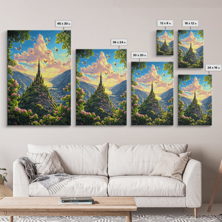 Sunlit Mountain Village With Flying Dragons Canvas Print, Fantasy Landscape Wall Art, Whimsical Home Decor, Gift For Her