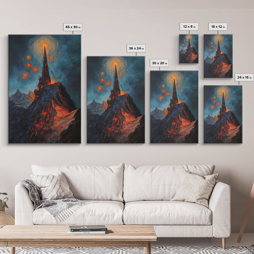 Fiery Dark Mountain Citadel With Red Orbs Canvas Print, Gothic Fantasy Wall Art, Lava Landscape, Moody Office Decor, Gift For Him