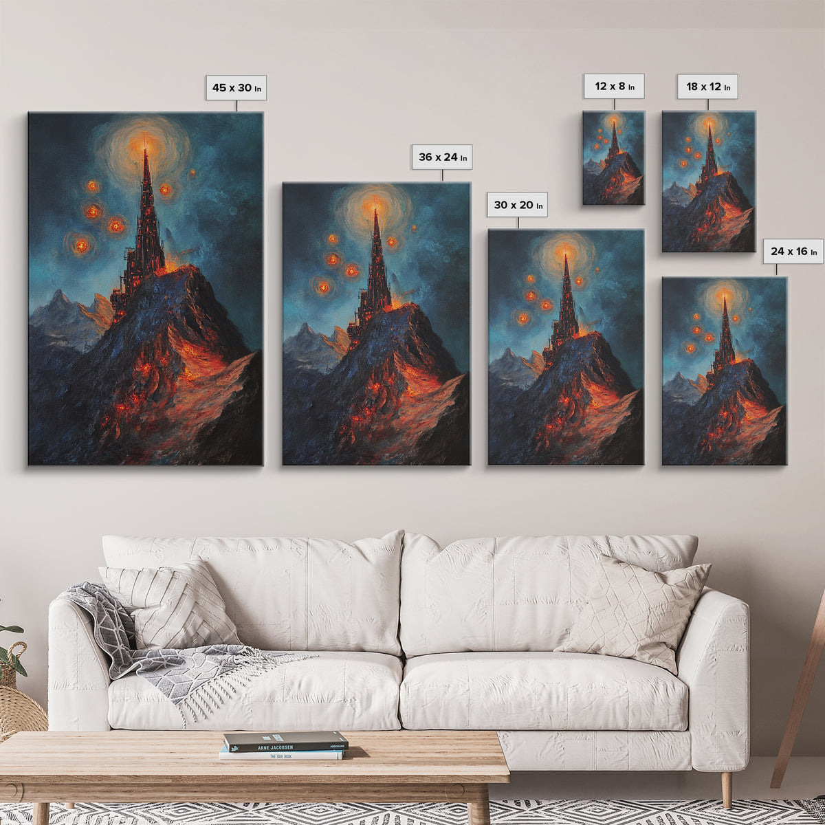 Fiery Dark Mountain Citadel With Red Orbs Canvas Print, Gothic Fantasy Wall Art, Lava Landscape, Moody Office Decor, Gift For Him
