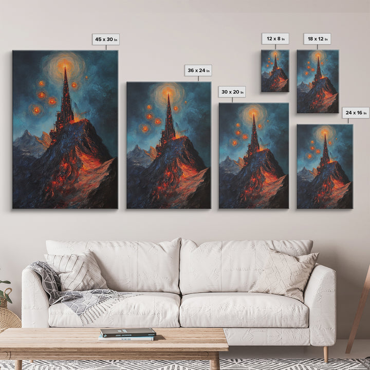 Fiery Dark Mountain Citadel With Red Orbs Canvas Print, Gothic Fantasy Wall Art, Lava Landscape, Moody Office Decor, Gift For Him