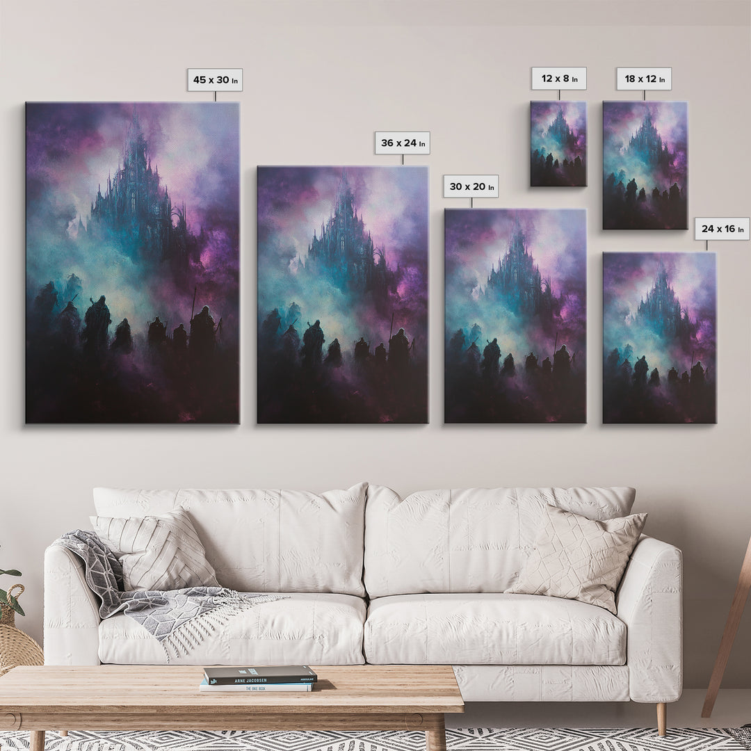 Purple Mist Fortress And Shadow Riders Framed Canvas Print, Dark Fantasy Wall Art, Gothic Castle Decor, Statement Artwork