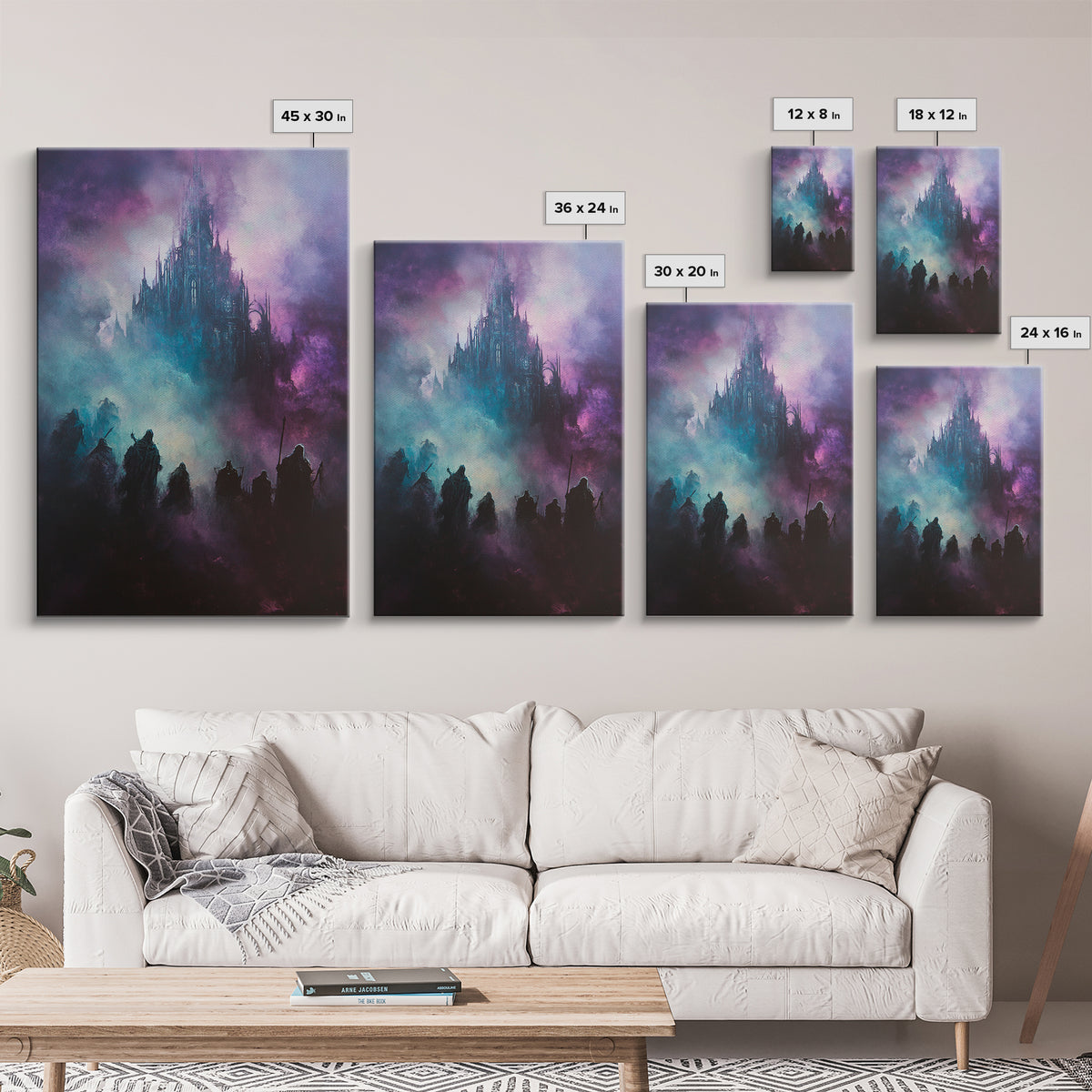Purple Mist Fortress And Shadow Riders Framed Canvas Print, Dark Fantasy Wall Art, Gothic Castle Decor, Statement Artwork